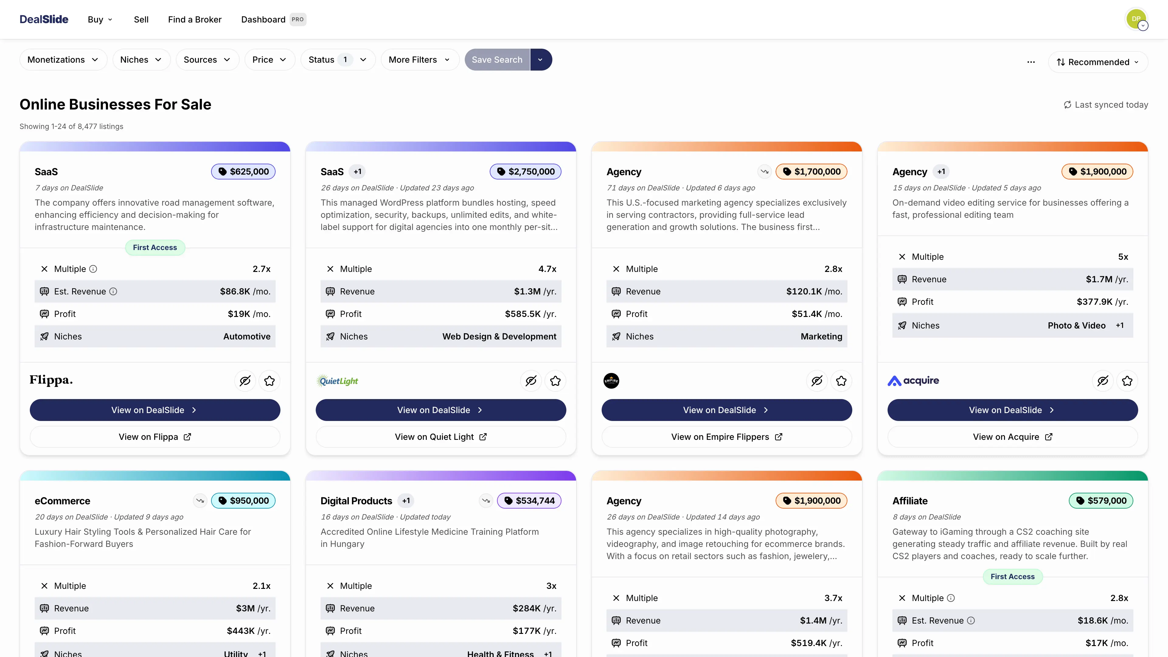 DealSlide listings dashboard showing online businesses for sale