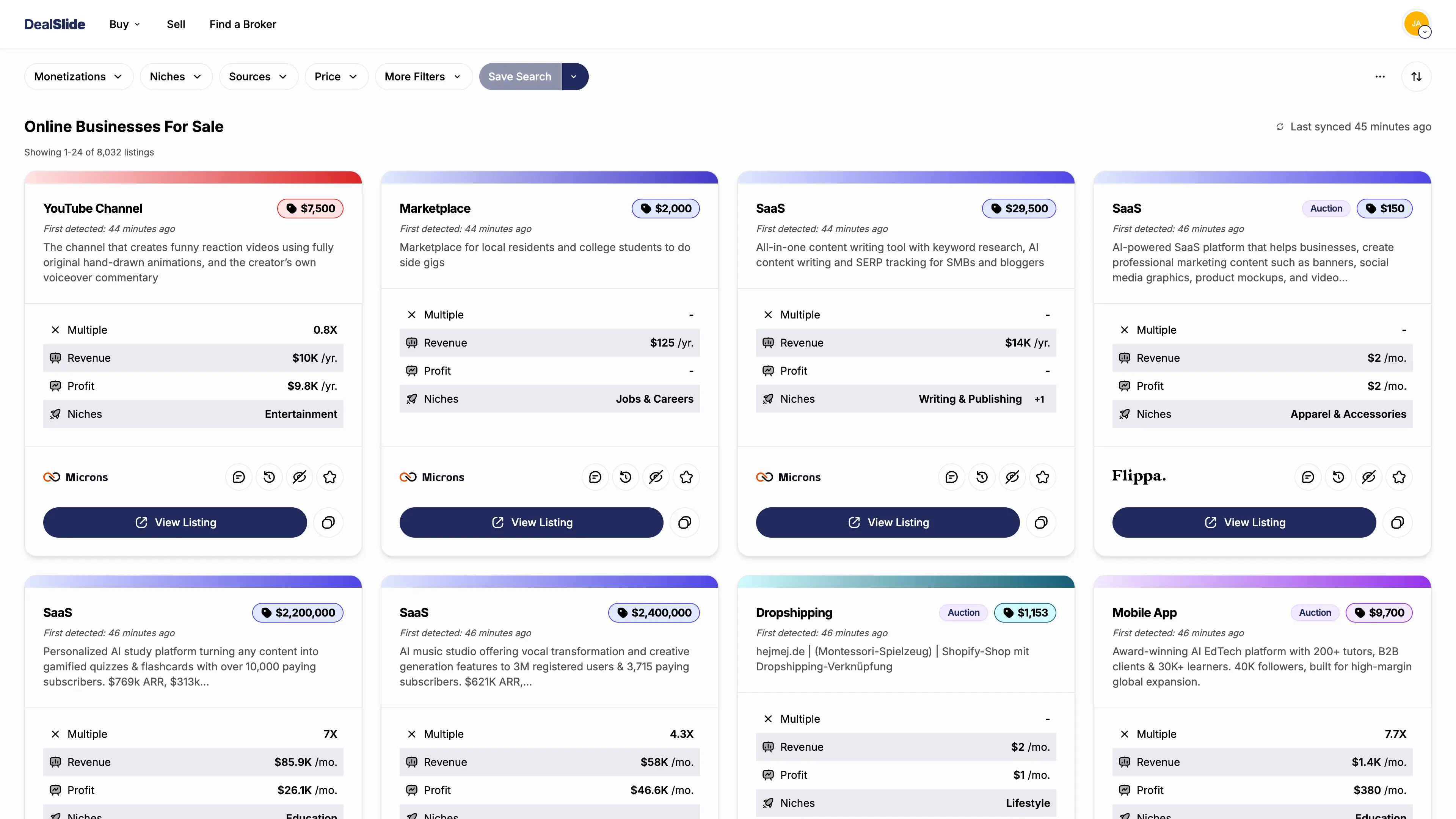 DealSlide listings dashboard showing online businesses for sale